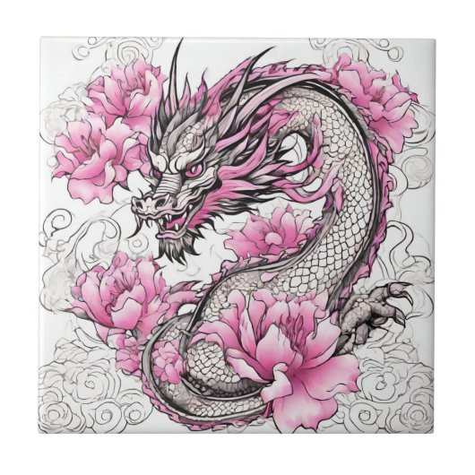 Orientalischer Drache mit kräftigen rosa Blume Fliese (Vorderseite)