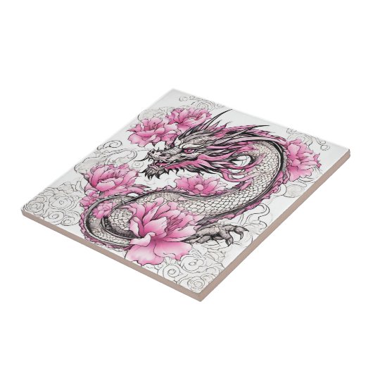 Orientalischer Drache mit kräftigen rosa Blume Fliese (Seite)