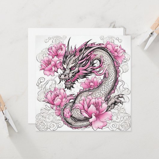 Orientalischer Drache mit kräftigen rosa Blume Karte (Vorderseite/Rückseite Beispiel)