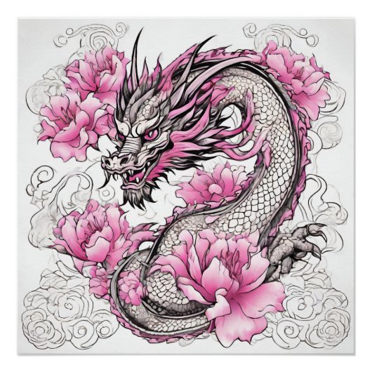 Orientalischer Drache mit kräftigen rosa Blume Poster (Vorderseite)