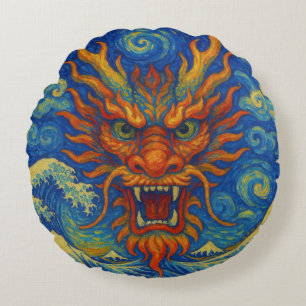 Orientalischer Drache Sternennacht Kanagawa Wellen Rundes Kissen