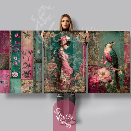 Orientalischer Garten, Portrait, Vogel, Patchwork, Geschenkpapier Set