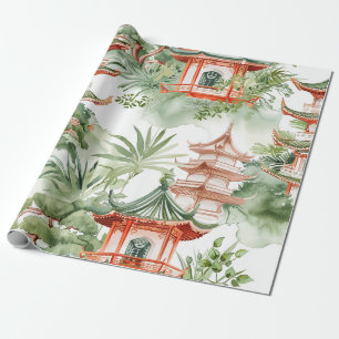 Orientalischer Pagodengarten Salbei-Wasserfarbe Geschenkpapier