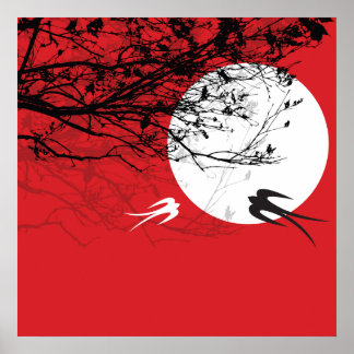 Orientalischer Schwalber im Mondlicht Zen-Rotes Po Poster