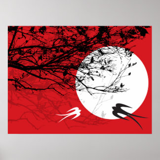 Orientalischer Schwalber im Mondlicht Zen-rotes Po Poster