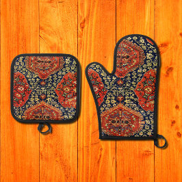 Orientalischer Teppich in Blau und Orange Ofenhandschuh & Topflappen-Set