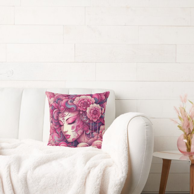 Orientalischer Vektor abstrakt Geisha Rosa Fraktal Kissen (Liege)