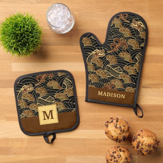 Orientalisches Drachenmuster Ofenhandschuh & Topflappen-Set (Oben Unten)