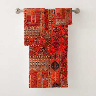 Orientalisches Teppichdesign in hellen Orangen Badhandtuch Set