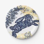 Orierntal Blue White Yellow Rabbit Chinoiserie Pappteller (Vorderseite)
