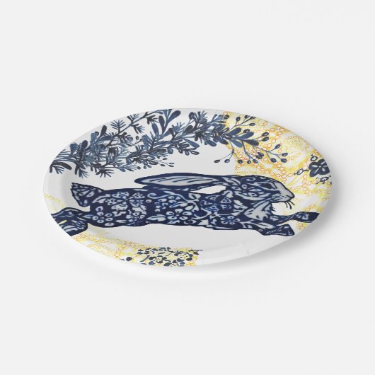 Orierntal Blue White Yellow Rabbit Chinoiserie Pappteller (Schrägansicht)
