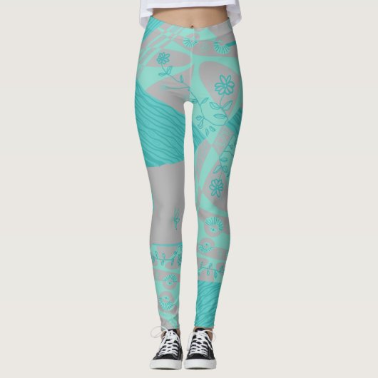 Origami Chintz (L) Dusty Blue Gray Leggings (Vorderseite)