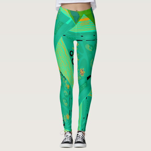 Origami Chintz (L) Jade Orange Green Leggings (Vorderseite)
