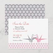 Origami Cranes (Rosa Silber) Wedding S Ankündigungspostkarte (Vorne/Hinten)