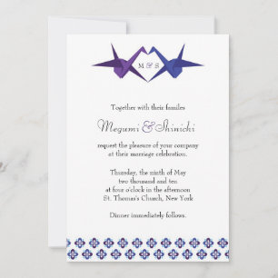 Origami Cranes Wedding (blau & Lila) Einladung