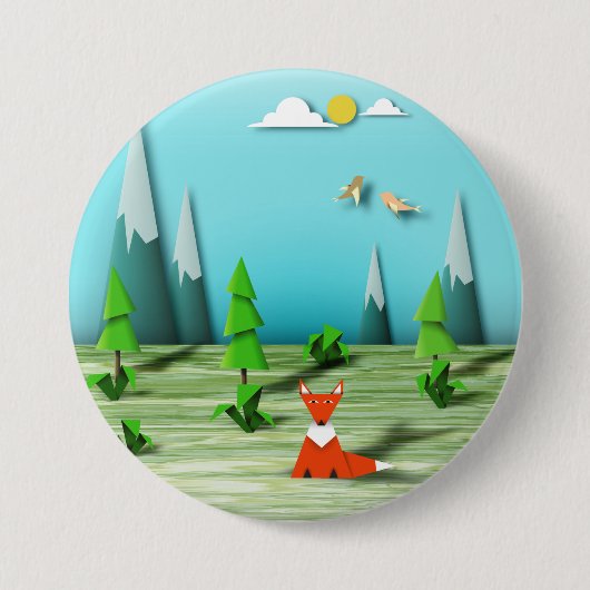 Origami Forest Szene mit Fox Mountains und Vögeln Button (Vorderseite)