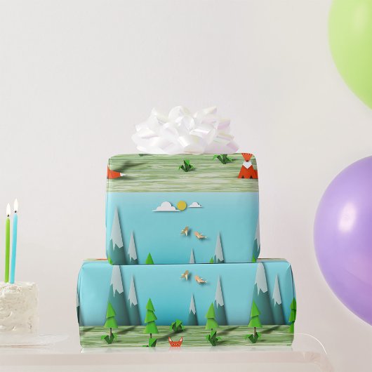 Origami Forest Szene mit Fox Mountains und Vögeln Geschenkpapier