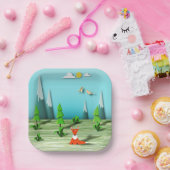 Origami Forest Szene mit Fox Mountains und Vögeln Pappteller (Party)