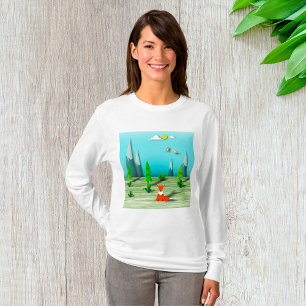 Origami Forest Szene mit Fox Mountains und Vögeln T-Shirt