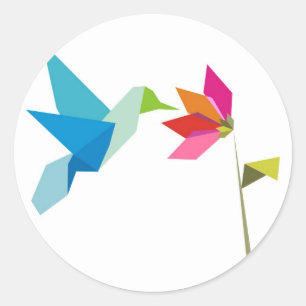 Origami Kolibri und Blume Runder Aufkleber