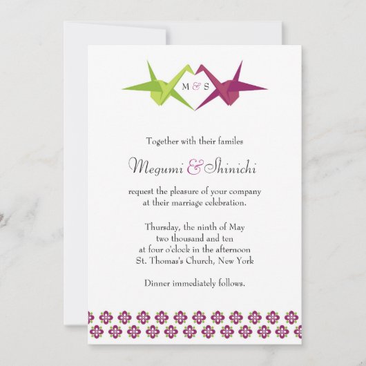 Origami Paper Crane Wedding Einladung (Vorderseite)