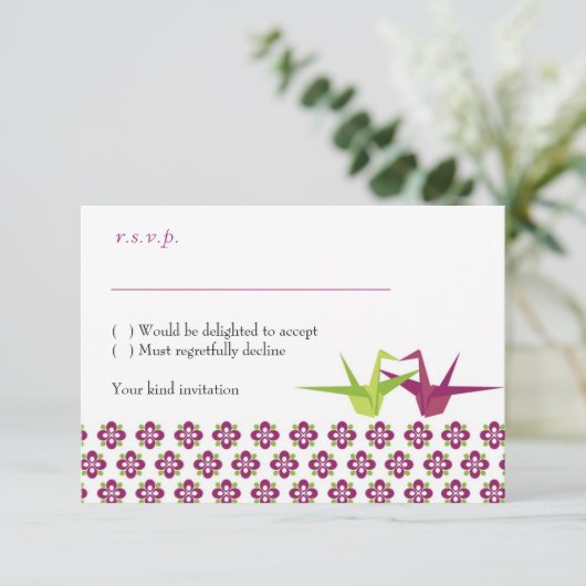 Origami Paper Crane Wedding RSVP (Stehend Vorderseite)