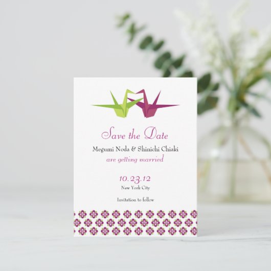 Origami Paper Crane Wedding Save The Date (Stehend Vorderseite)
