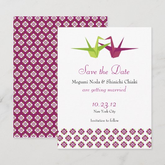 Origami Paper Crane Wedding Save The Date (Vorne/Hinten)