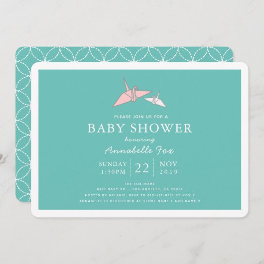 Origami Paper Cranes Aquamarin Baby Dusche Einladu Einladung (Vorne/Hinten)