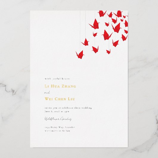 Origami Paper Cranes Wedding Folieneinladung (Vorderseite)
