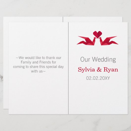 Origami-Rotkrane-Hochzeitsprogramm (Vorne/Hinten)