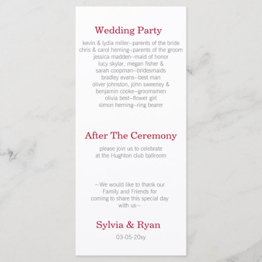 Origami-Rotkrane Hochzeitsprogramme Programm (Rückseite)