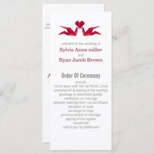 Origami-Rotkrane Hochzeitsprogramme Programm (Vorne/Hinten)