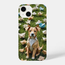 Origami-Welpe, die in einem Feld mit Blume sitzt