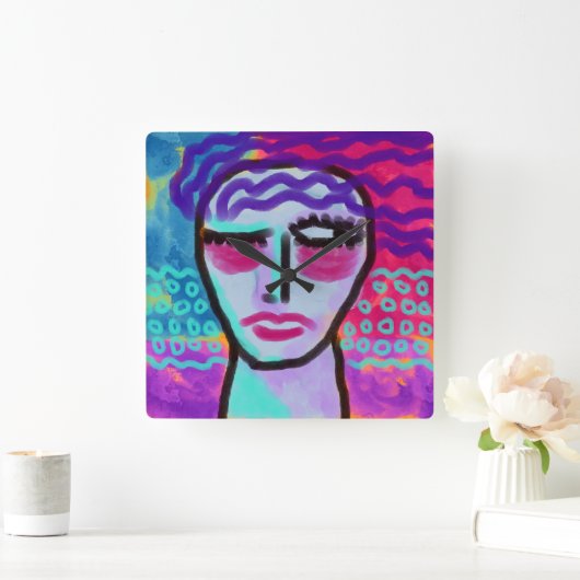 Original Abstraktes Portrait einer Frau Quadratische Wanduhr (Zuhause)