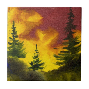 Original Aquarellfarbe Sonnenuntergang Pine Tree T Fliese
