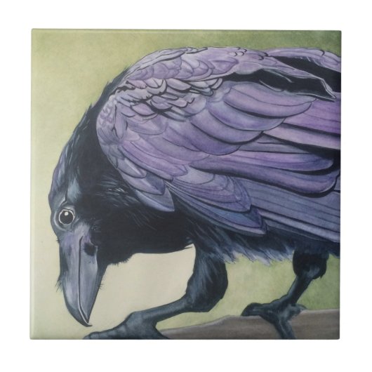 Original Aquarellmalerei Crow Raven Fliese (Vorderseite)
