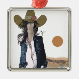 Original Art Cowgirl Ornament, Lanky Texas Cowgirl Ornament Aus Metall