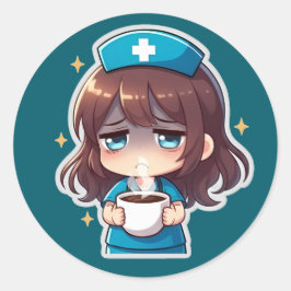 Original Chibi Nurse - Coffee with Tired Runder Aufkleber