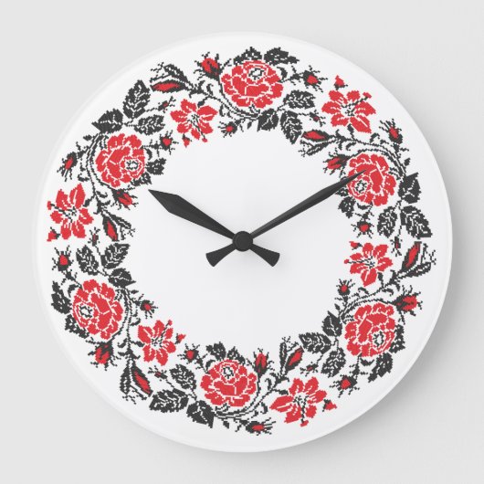 Original Cross-stitch Red Roses Circle pattern Große Wanduhr (Vorderseite)