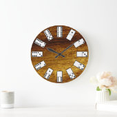 Original design Domino symbols on teak background Große Wanduhr (Zuhause)