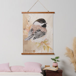 Original handgemaltes Wasserfarben-Vogel Meise Wandteppich Mit Holzrahmen