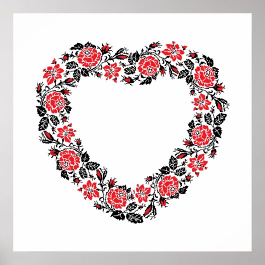 Original Heart of cross-stitch red rose flowers Poster (Vorne)