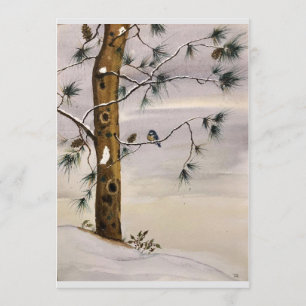 Original-Kiefern- und Vogel-im-Schnee-Kunst auf le Einladung