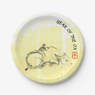 Original Malerei Wasser Buffalo Kind Ox Jahr PP Pappteller