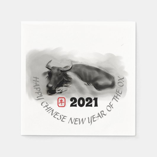 Original Malerei Wasser Buffalo Ox Neujahr PN Serviette (Vorderseite)