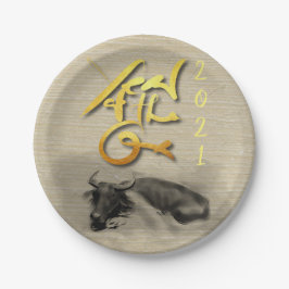 Original Malerei Wasser Buffalo Ox Neujahr PP Pappteller