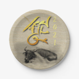 Original Malerei Wasser Buffalo Ox Neujahr PP Pappteller