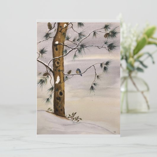 Original Pine and Bird in Snow Art on Blank Card Einladung (Stehend Vorderseite)