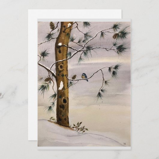 Original Pine and Bird in Snow Art on Blank Card Einladung (Vorne/Hinten)